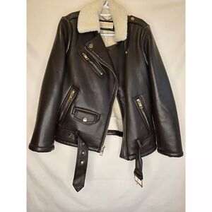 Michael Kors Black Leather Jacket with Shearling Collar
